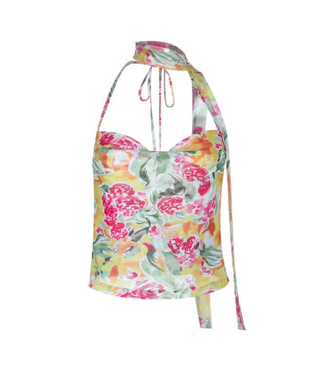 Vibrant Bloom Halter Cowl Neck Top | Chic Mesh Blouse for Autumn Escapes & Resort Wear