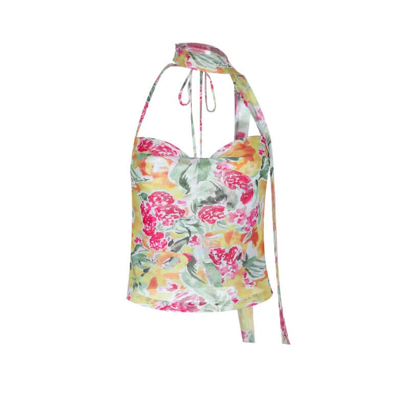 Vibrant Bloom Halter Cowl Neck Top | Chic Mesh Blouse for Autumn Escapes & Resort Wear