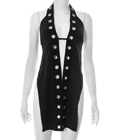 Sultry Halter Grommet Cutout Midi Dress - Edgy Fall Nights & Halloween Ready
