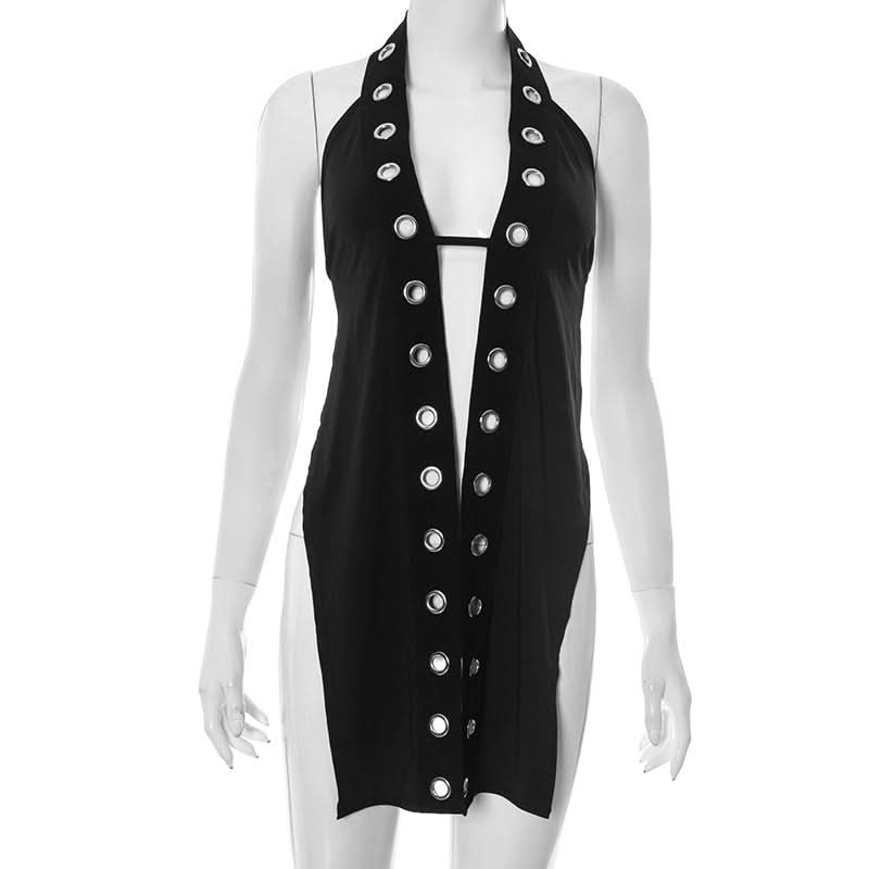 Sultry Halter Grommet Cutout Midi Dress - Edgy Fall Nights & Halloween Ready