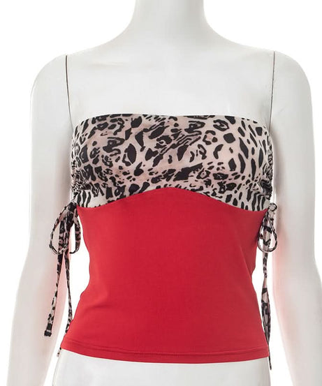 Autumn Nights Out: Wild Leopard & Red Ruched Strapless Top for Women