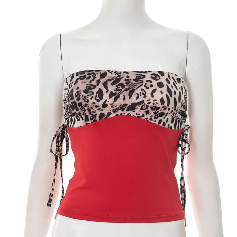 Autumn Nights Out: Wild Leopard & Red Ruched Strapless Top for Women