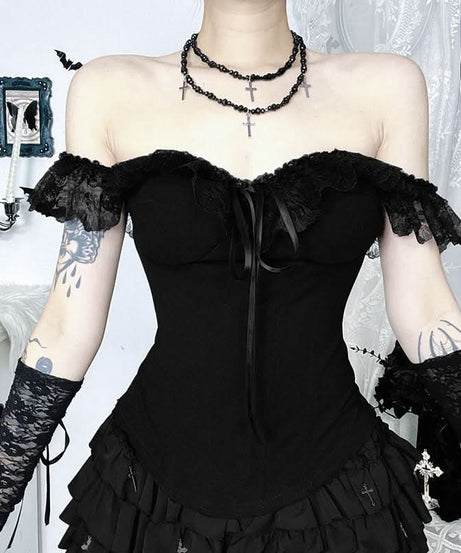 Gothic Witchy Off-Shoulder Corset Mini Dress | Lace Ruffle Halloween & Fall Fashion