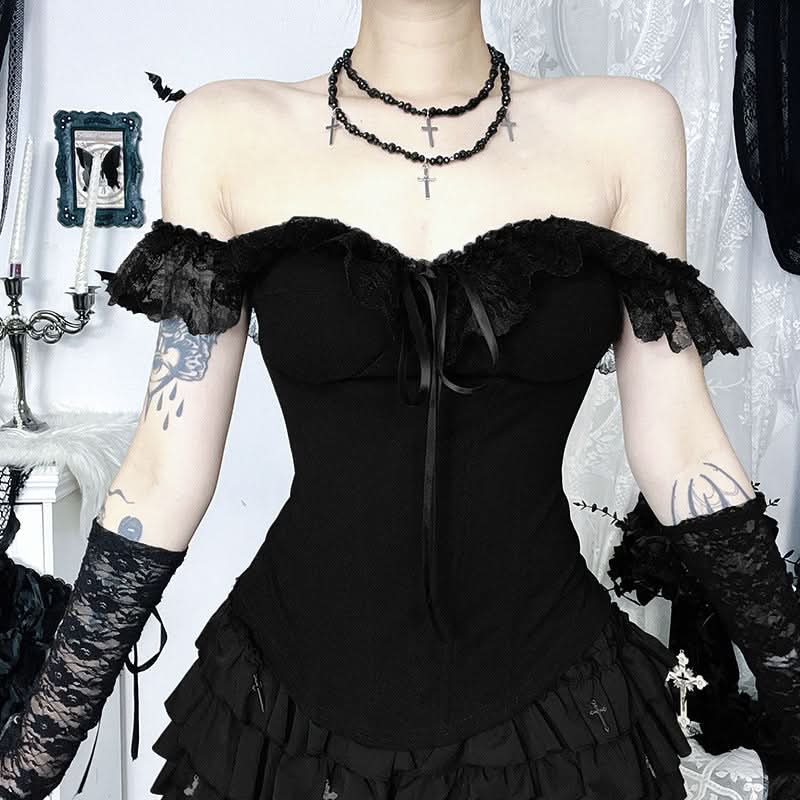 Gothic Witchy Off-Shoulder Corset Mini Dress | Lace Ruffle Halloween & Fall Fashion