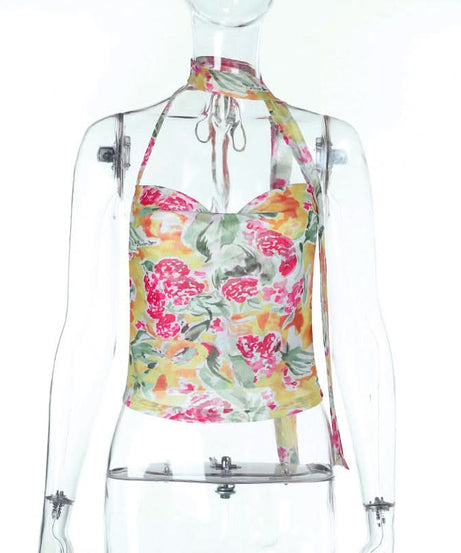 Vibrant Bloom Halter Cowl Neck Top | Chic Mesh Blouse for Autumn Escapes & Resort Wear