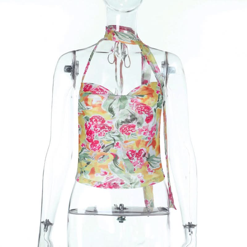 Vibrant Bloom Halter Cowl Neck Top | Chic Mesh Blouse for Autumn Escapes & Resort Wear