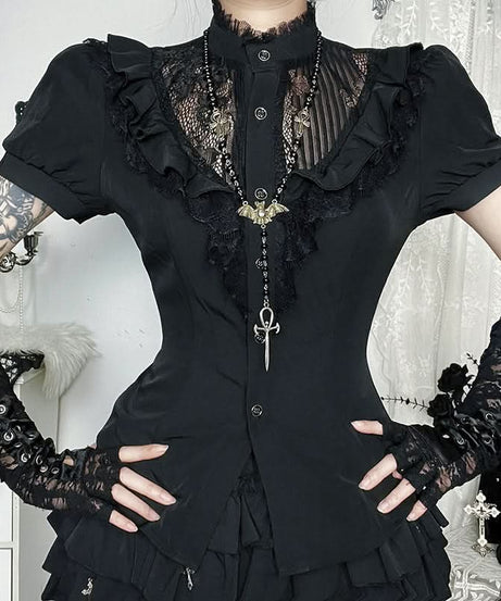 Victorian Gothic Lace Ruffle Blouse - Short Sleeve Top for Spooky Season & Fall