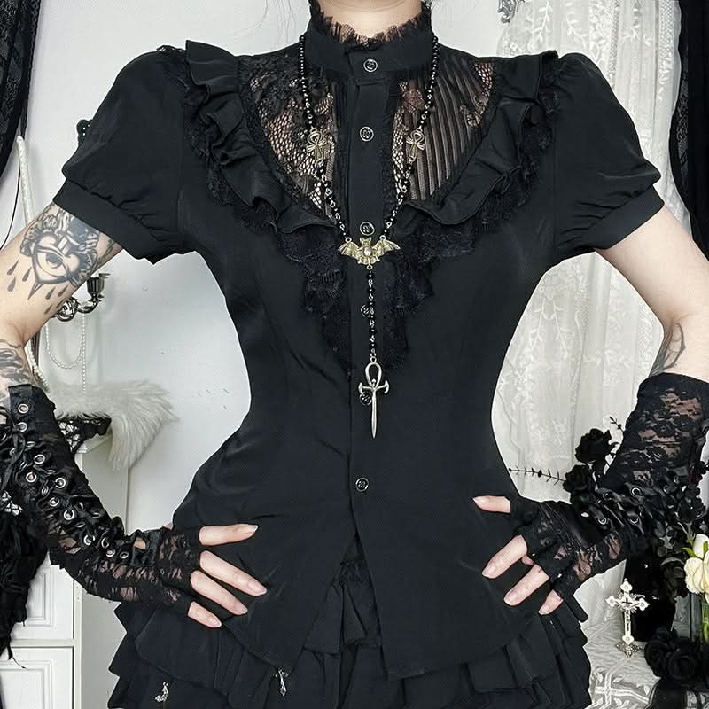 Victorian Gothic Lace Ruffle Blouse - Short Sleeve Top for Spooky Season & Fall