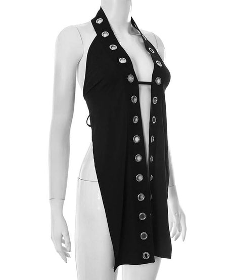 Sultry Halter Grommet Cutout Midi Dress - Edgy Fall Nights & Halloween Ready