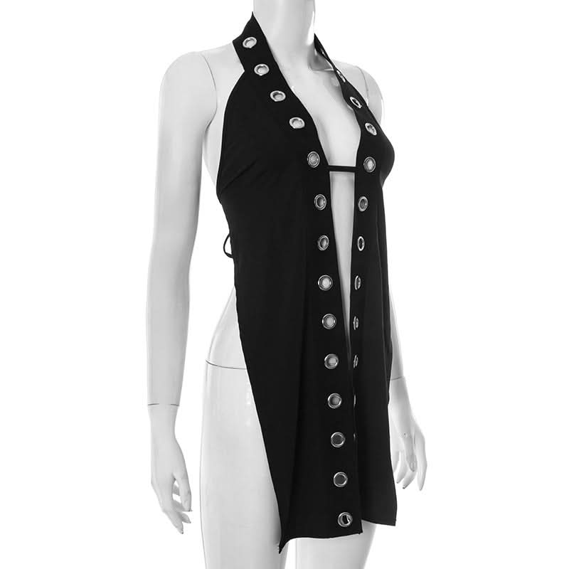 Sultry Halter Grommet Cutout Midi Dress - Edgy Fall Nights & Halloween Ready