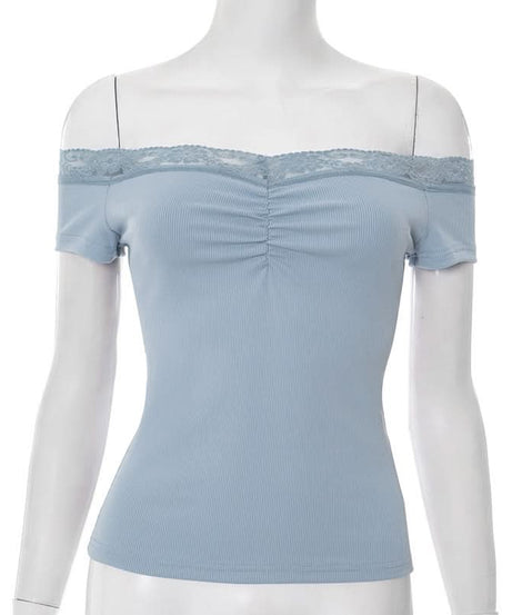 Effortless Fall Chic: Dusty Blue Off-Shoulder Ribbed Top with Delicate Lace & Flattering Ruching