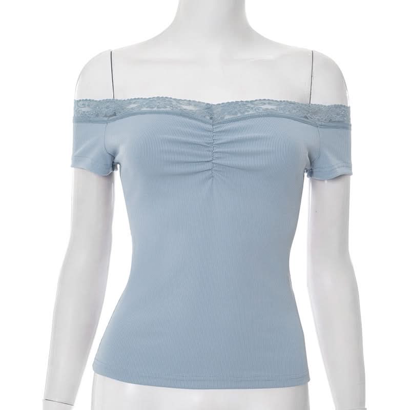 Effortless Fall Chic: Dusty Blue Off-Shoulder Ribbed Top with Delicate Lace & Flattering Ruching