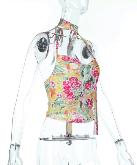 Vibrant Bloom Halter Cowl Neck Top | Chic Mesh Blouse for Autumn Escapes & Resort Wear