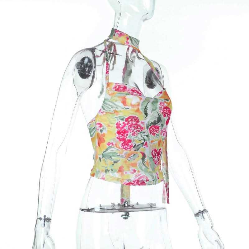 Vibrant Bloom Halter Cowl Neck Top | Chic Mesh Blouse for Autumn Escapes & Resort Wear