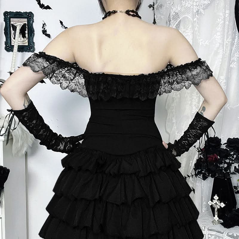 Gothic Witchy Off-Shoulder Corset Mini Dress | Lace Ruffle Halloween & Fall Fashion