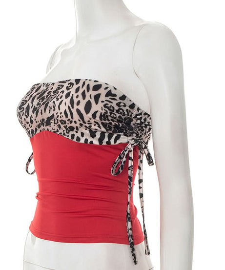 Autumn Nights Out: Wild Leopard & Red Ruched Strapless Top for Women