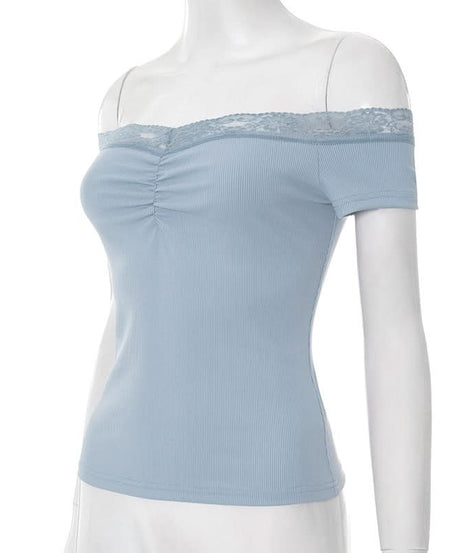 Effortless Fall Chic: Dusty Blue Off-Shoulder Ribbed Top with Delicate Lace & Flattering Ruching