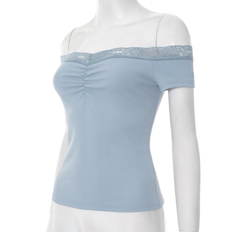 Effortless Fall Chic: Dusty Blue Off-Shoulder Ribbed Top with Delicate Lace & Flattering Ruching