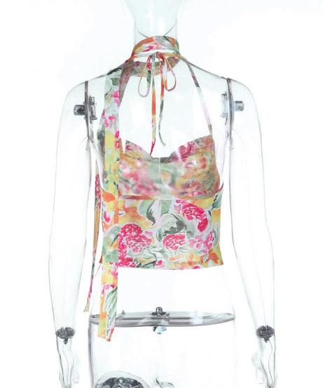 Vibrant Bloom Halter Cowl Neck Top | Chic Mesh Blouse for Autumn Escapes & Resort Wear