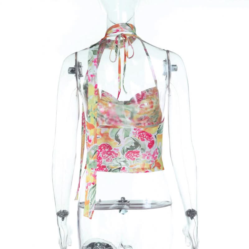 Vibrant Bloom Halter Cowl Neck Top | Chic Mesh Blouse for Autumn Escapes & Resort Wear