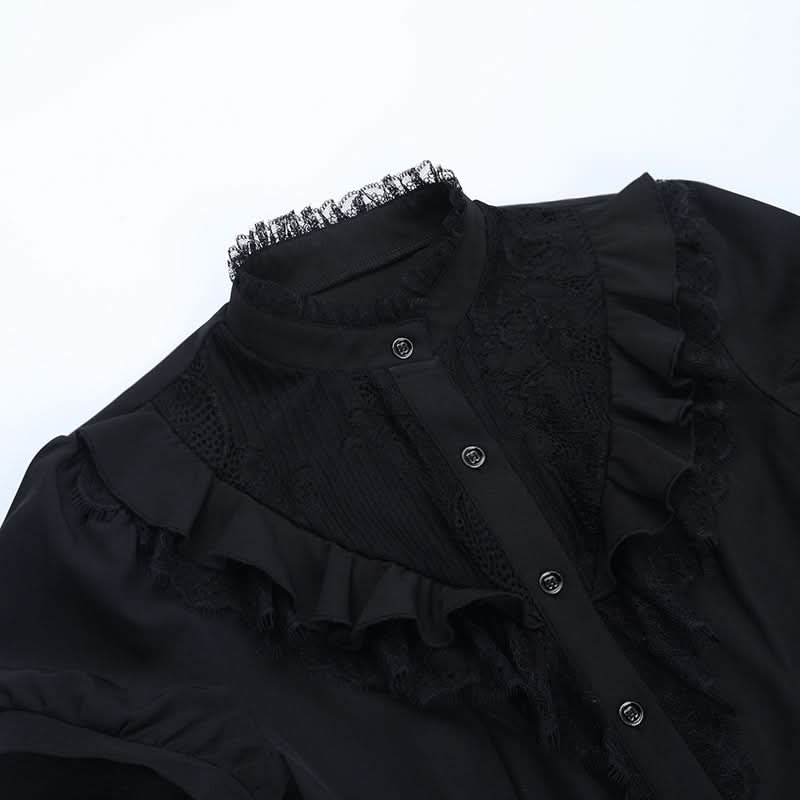 Victorian Gothic Lace Ruffle Blouse - Short Sleeve Top for Spooky Season & Fall