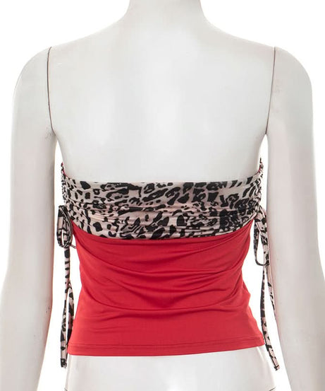 Autumn Nights Out: Wild Leopard & Red Ruched Strapless Top for Women