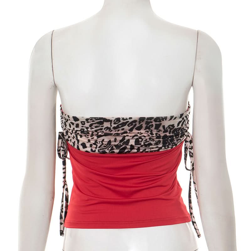 Autumn Nights Out: Wild Leopard & Red Ruched Strapless Top for Women