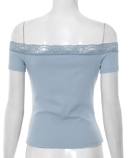 Effortless Fall Chic: Dusty Blue Off-Shoulder Ribbed Top with Delicate Lace & Flattering Ruching