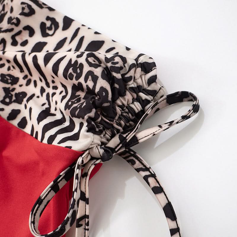 Autumn Nights Out: Wild Leopard & Red Ruched Strapless Top for Women