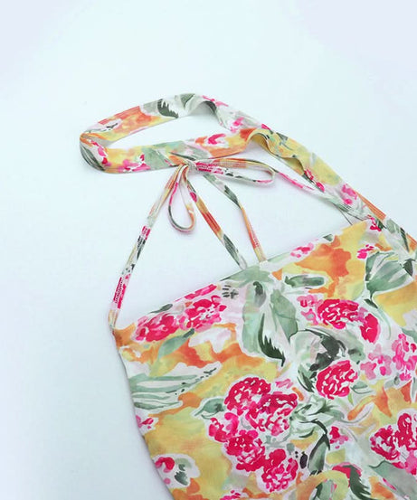 Vibrant Bloom Halter Cowl Neck Top | Chic Mesh Blouse for Autumn Escapes & Resort Wear