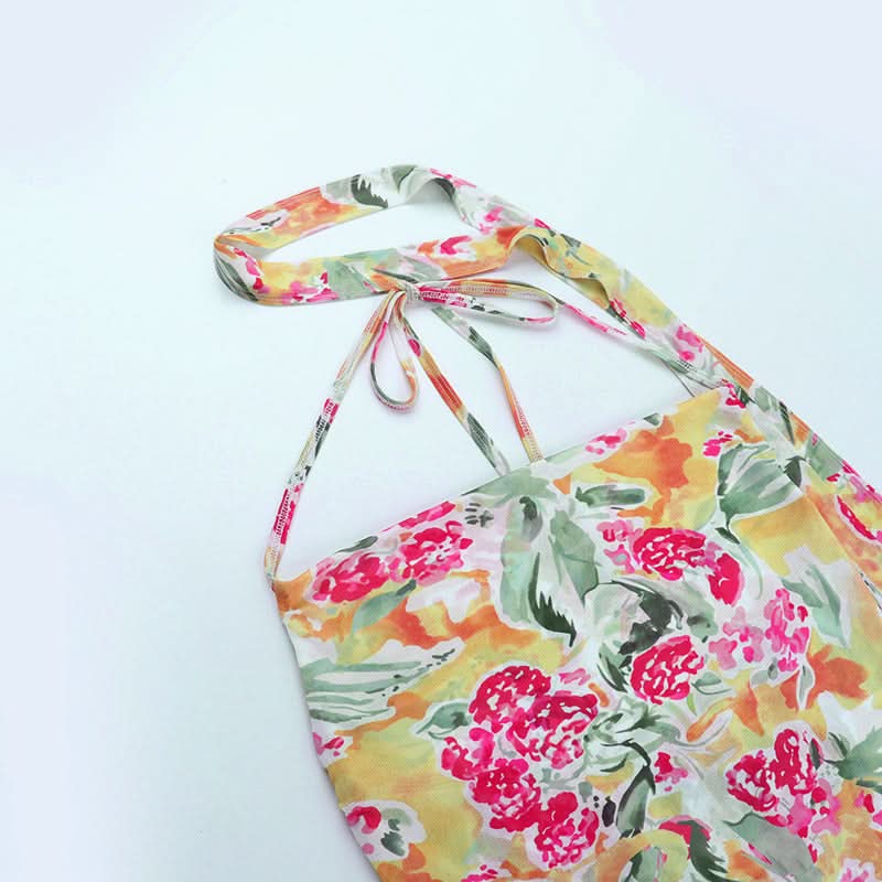 Vibrant Bloom Halter Cowl Neck Top | Chic Mesh Blouse for Autumn Escapes & Resort Wear