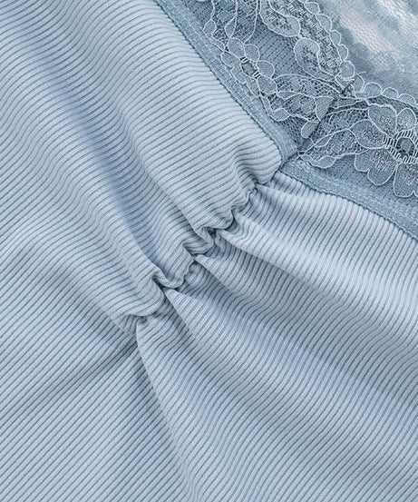 Effortless Fall Chic: Dusty Blue Off-Shoulder Ribbed Top with Delicate Lace & Flattering Ruching