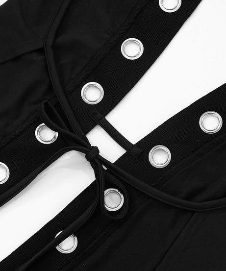 Sultry Halter Grommet Cutout Midi Dress - Edgy Fall Nights & Halloween Ready