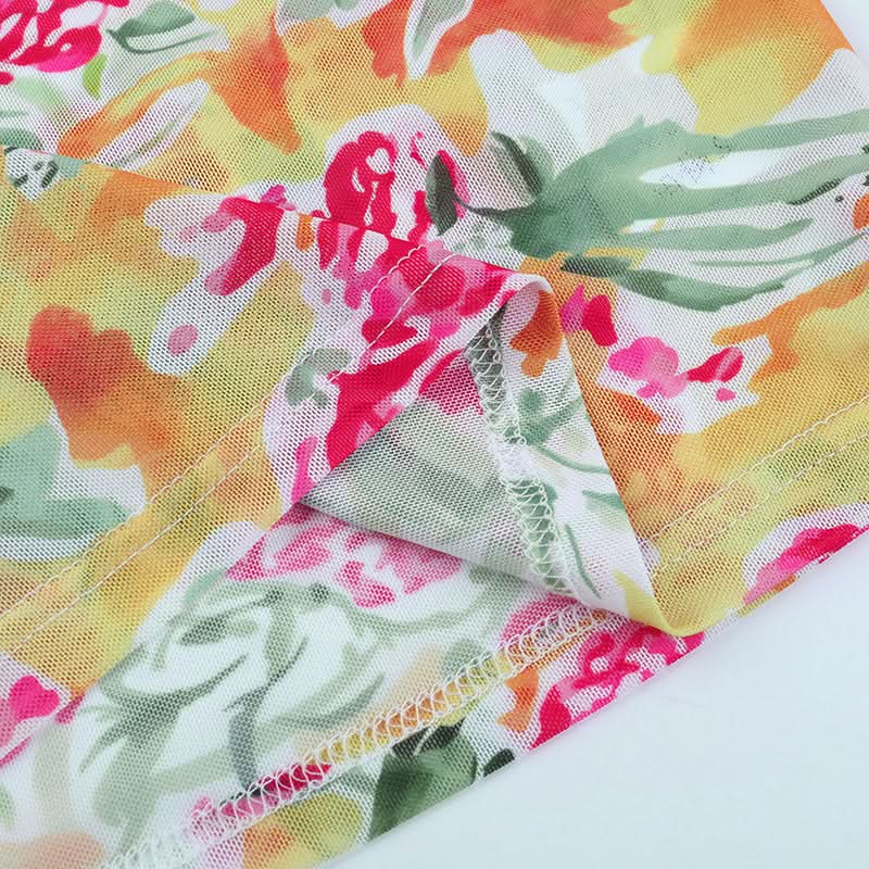 Vibrant Bloom Halter Cowl Neck Top | Chic Mesh Blouse for Autumn Escapes & Resort Wear