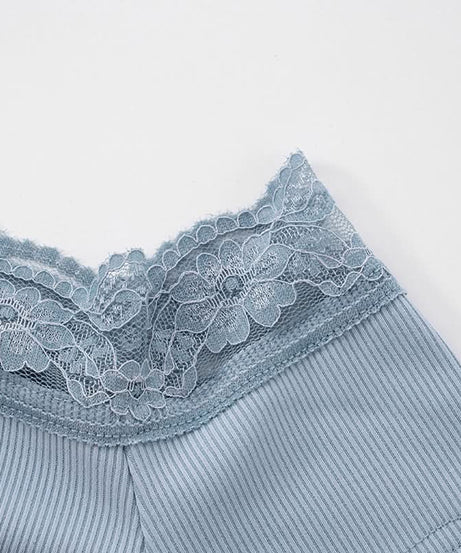 Effortless Fall Chic: Dusty Blue Off-Shoulder Ribbed Top with Delicate Lace & Flattering Ruching