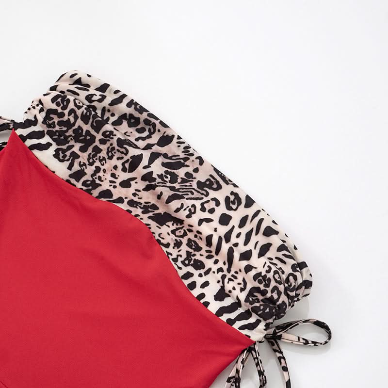 Autumn Nights Out: Wild Leopard & Red Ruched Strapless Top for Women