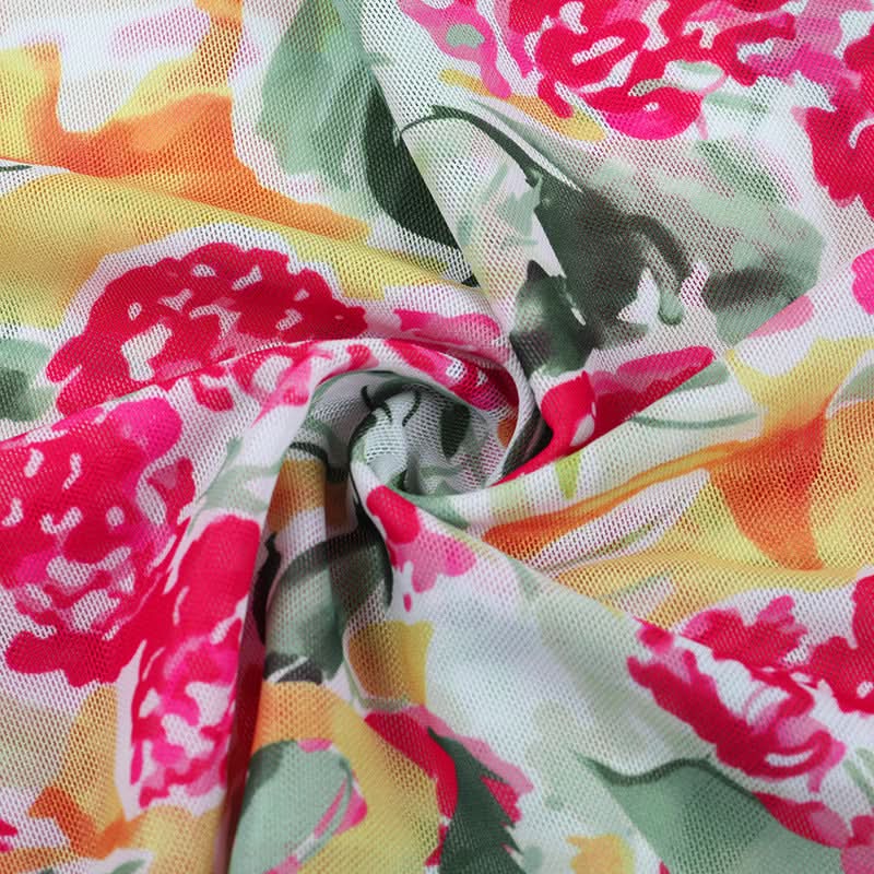 Vibrant Bloom Halter Cowl Neck Top | Chic Mesh Blouse for Autumn Escapes & Resort Wear