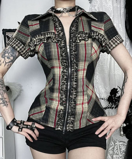 Fall Grunge Plaid Ruffle Zip-Up Top - Spooky Season & Beyond!