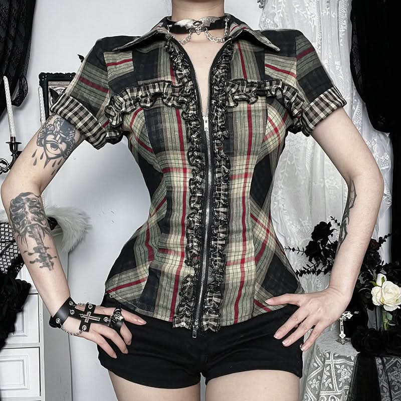 Fall Grunge Plaid Ruffle Zip-Up Top - Spooky Season & Beyond!