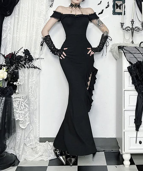Enchanting Gothic Vampy Off-Shoulder Ruffle Slit Maxi Dress | Halloween & Fall Gala Gown