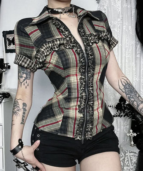 Fall Grunge Plaid Ruffle Zip-Up Top - Spooky Season & Beyond!