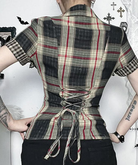 Fall Grunge Plaid Ruffle Zip-Up Top - Spooky Season & Beyond!