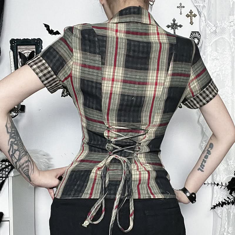 Fall Grunge Plaid Ruffle Zip-Up Top - Spooky Season & Beyond!