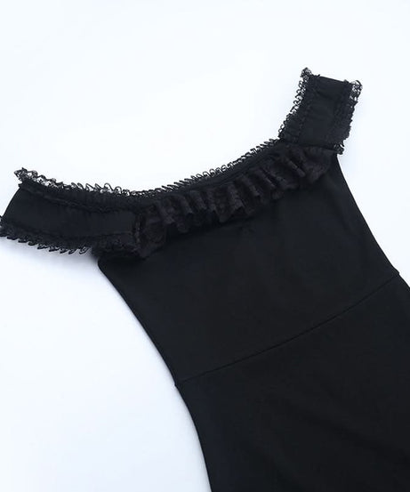 Enchanting Gothic Vampy Off-Shoulder Ruffle Slit Maxi Dress | Halloween & Fall Gala Gown