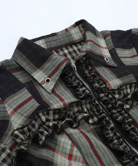 Fall Grunge Plaid Ruffle Zip-Up Top - Spooky Season & Beyond!