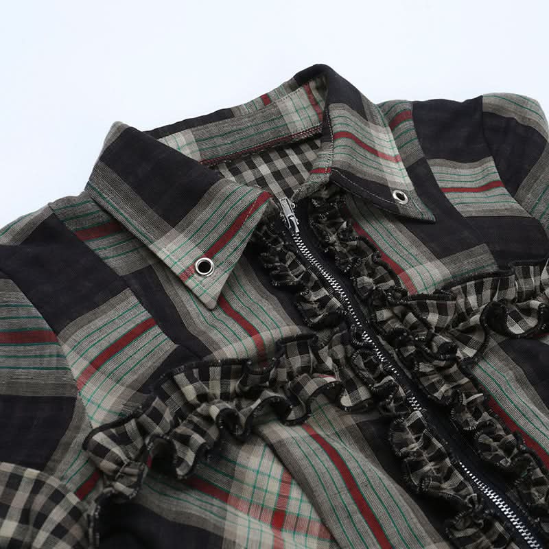Fall Grunge Plaid Ruffle Zip-Up Top - Spooky Season & Beyond!