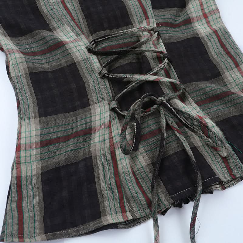 Fall Grunge Plaid Ruffle Zip-Up Top - Spooky Season & Beyond!