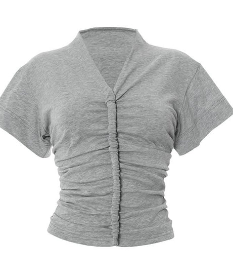 Effortless Fall Style: Women's Flattering Ruched V-Neck Cotton Short Sleeve Tee
