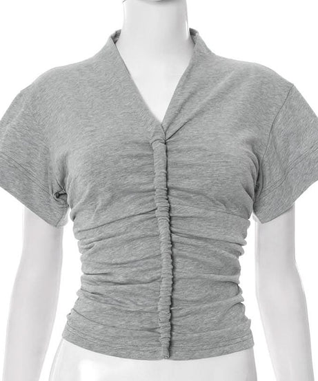 Effortless Fall Style: Women's Flattering Ruched V-Neck Cotton Short Sleeve Tee