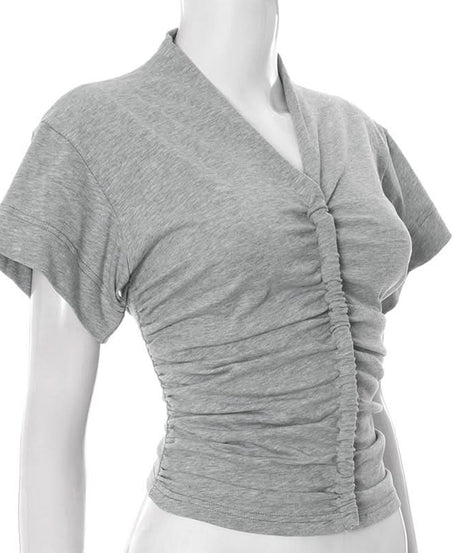 Effortless Fall Style: Women's Flattering Ruched V-Neck Cotton Short Sleeve Tee